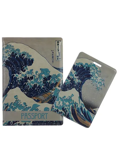 Набор Обложка для паспорта Кацусика Хокусай Большая волна (ПВХ бокс) (12-999-27-551)+Чехол для карточек вертикальный Кацусика Хокусай Большая волна (12-999-27-541) - фото 1