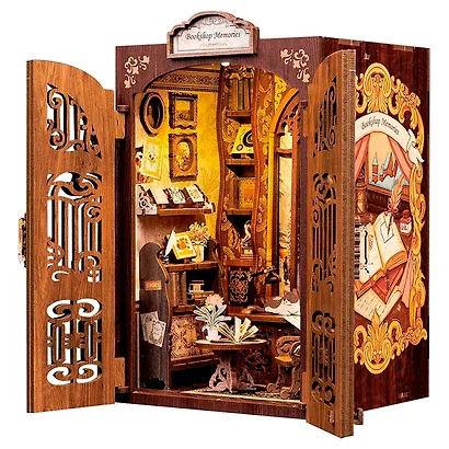 SD04 Конструктор интерьерный – сборный домик CuteBee - Музыкальный и книжный магазин "Воспоминания", 136 деталей (материалы: дерево, картон, пластик, металл), со световыми эффектами (подсветка интерьера), с питанием от 2хААА батареек (не включены), серия - фото 12