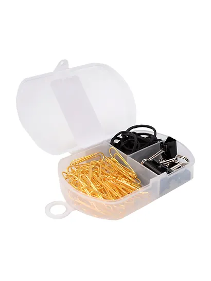 Набор канцелярский: резинки 4г 15 штук, зажимы черные 19 мм 4 штуки, скрепки золотые 33 мм 60 штук, Schiller - фото 5