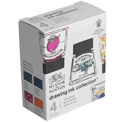 Тушь художественная 4 цв по 14мл (ультрамарин, пурпурный, желтый канареечный, виридиан), к/к, Winsor&Newton - фото 1