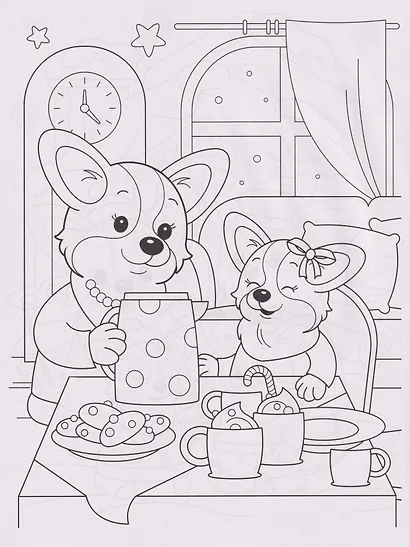 Корги и зимние истории: книжка-раскраска с наклейками - фото 3