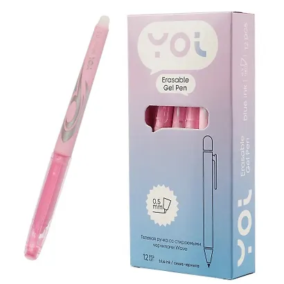 Ручки гелевые пиши-стирай синие 12 штук "Wave" 0,5 мм, корпус розовый, Yoi - фото 6