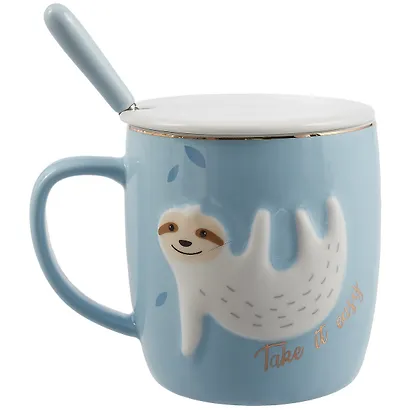 Кружка с крышкой и ложкой Ленивец Take it easy (керамика) (380мл) (12-07160-9853) - фото 1