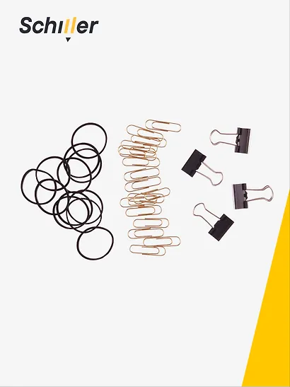 Набор канцелярский: резинки 4г 15 штук, зажимы черные 19 мм 4 штуки, скрепки золотые 33 мм 60 штук, Schiller - фото 3