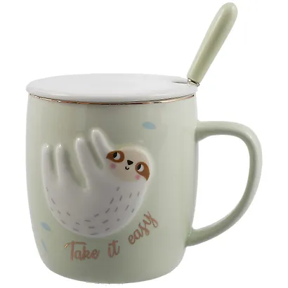 Кружка с крышкой и ложкой Ленивец Take it easy (керамика) (380мл) (12-07160-9853) - фото 5