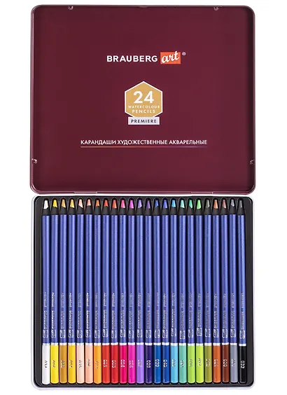 Карандаши художественные цветные акварельные BRAUBERG ART PREMIERE, 24 цв, грифель 4мм металл 181534 - фото 2