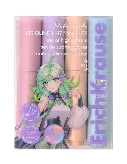 Текстовыделители «Visioline V-17 Mini Flex Manga» 4 цвета, с гибким наконечником, Erich Krause - фото 1