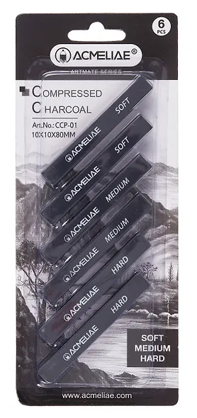 Уголь прессованный 06шт 80мм, квадр.сечения, 02шт твердый, 02шт средний, 02шт мягкий, блистер, ACMELIAE - фото 1