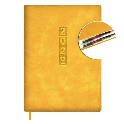 Ежедневник дат. 2026г. А6+ 176л "Тиволи глосс" горчичиный, кожзам, тв.переплет, блинт.тиснение, офсет, справ.мат-лы, вырубка, закругл.углы, 2 ляссе, инд.уп - фото 1