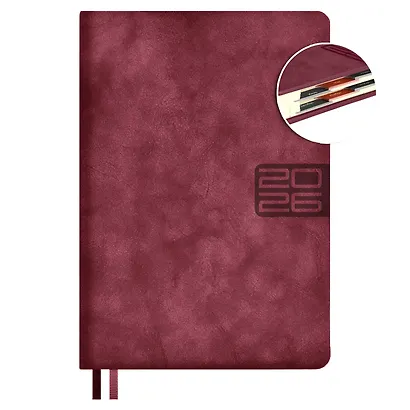 Ежедневник дат. 2026г. А5 176л "Тиволи глосс" бордовый, кожзам, тв.переплет, блинт.тиснение, офсет, справ.мат-лы, вырубка, закругл.углы, 2 ляссе, инд.уп - фото 1