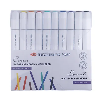 Маркеры акриловые 10цв "Сонет. Основные цвета" перо кисть/пуля, блистер, ЗХК - фото 1