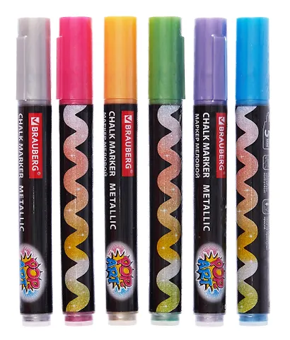 Маркеры меловые 06цв "POP-ART" металлик, 5.0мм, влагостир., Brauberg - фото 3