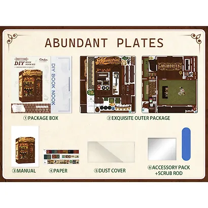 SD04 Конструктор интерьерный – сборный домик CuteBee - Музыкальный и книжный магазин "Воспоминания", 136 деталей (материалы: дерево, картон, пластик, металл), со световыми эффектами (подсветка интерьера), с питанием от 2хААА батареек (не включены), серия - фото 3