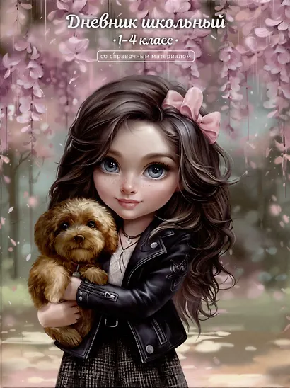 Дневник для мл.кл. "Брюнетка с собачкой" тв.переплёт, глянц.ламинация, пантон, шпаргалка для мл.классов - фото 1