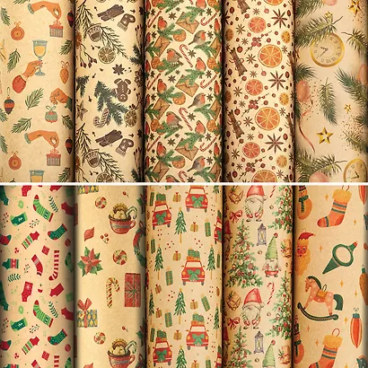Бумага упаковочная 70*100см "Christmas Kraft" крафт, НГ, инд.уп., ассорти - фото 1