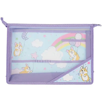 Папка для труда А4 "Игривые корги" 33*23см пластик, молния, внутр.блок для канц.принадлежностей - фото 1