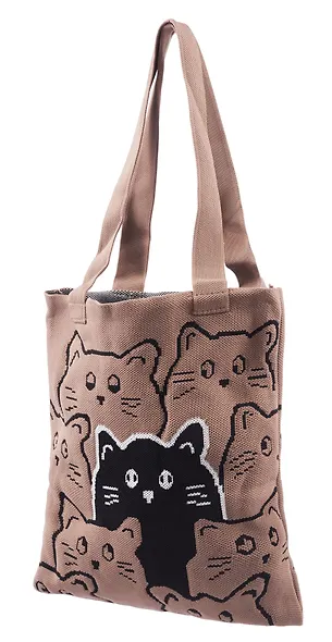 Сумка-шоппер вязаная Котики паттерн (коричневая) (38х32), Bookvalno - фото 4