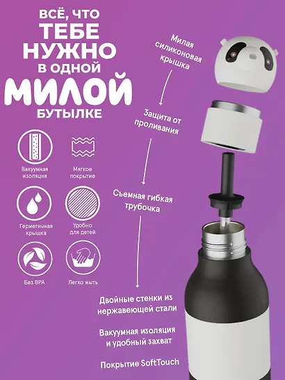 Бутылка для холодных и горячих напитков Asobu Bestie Панда (460 мл) (69769) - фото 5