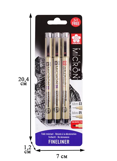 Набор капиллярных ручек Pigma Micron 3шт (0.35мм 0.45мм + graphic 1мм) , цвет черный, Sakura - фото 2
