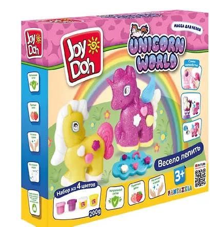Масса для лепки Joy Doh, набор UNICORN WORLD - Мир единорогов, 3D формы, украшения, 21 аксессуар, 4 баночки с тестом  с блестками, (4 х 50 грамм) - фото 1