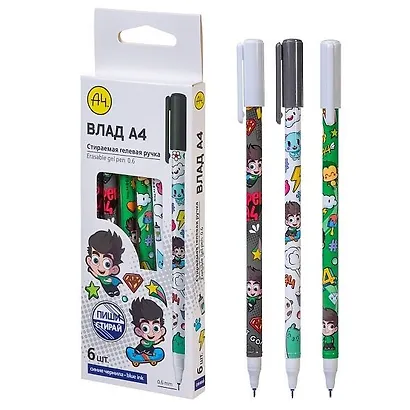 Ручки гелевые пиши-стирай синие 6 штук "Влад А4" 0,6 мм, в ассортименте - фото 1