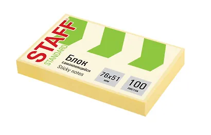 Блок бумаги 76*51 "Standard" самоклеящийся желтый 100л, Staff - фото 1