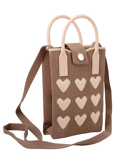 Сумочка вязаная с застежкой Сердечки (коричневая) (12х18х6) (текстиль) (12-Yiheng-0613) - фото 1