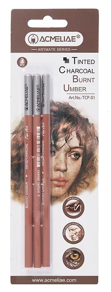 Карандаши угольные 03шт жженая умбра, блистер, ACMELIAE - фото 1