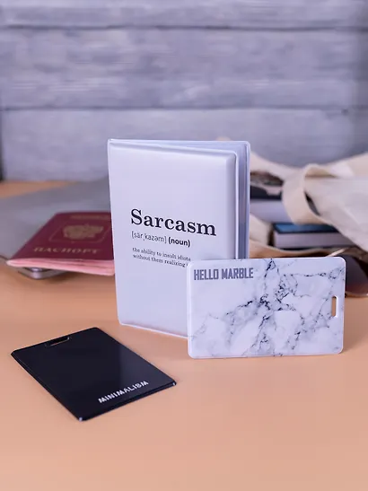 Набор (Обложка для паспорта 1шт + Кардхолдер 2шт) (Обложка для паспорта Sarcasm (словарь) (ПВХ бокс) Чехол для карточек Minimalism Чехол для карточек вертикальный Мрамор серый) (упаковка) - фото 10