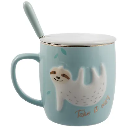 Кружка с крышкой и ложкой Ленивец Take it easy (керамика) (380мл) (12-07160-9853) - фото 4