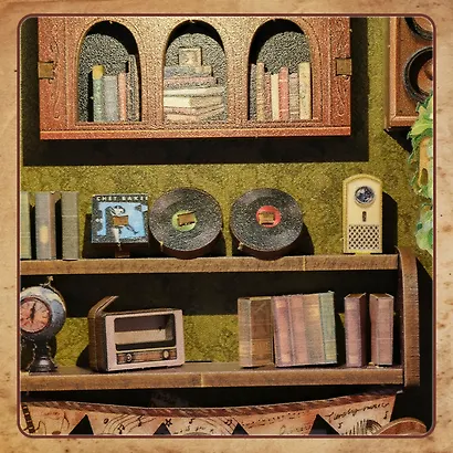 SD04 Конструктор интерьерный – сборный домик CuteBee - Музыкальный и книжный магазин "Воспоминания", 136 деталей (материалы: дерево, картон, пластик, металл), со световыми эффектами (подсветка интерьера), с питанием от 2хААА батареек (не включены), серия - фото 6