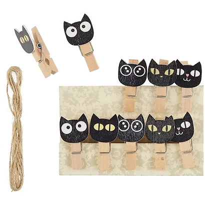 Прищепки декоративные с веревкой 10 шт. Котики черные мордочки - фото 2