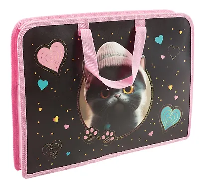 Папка для тетрадей А4 "Котенок в шапочке" 34*24,5*3,5см, пластик, молния, текст.ручки - фото 3