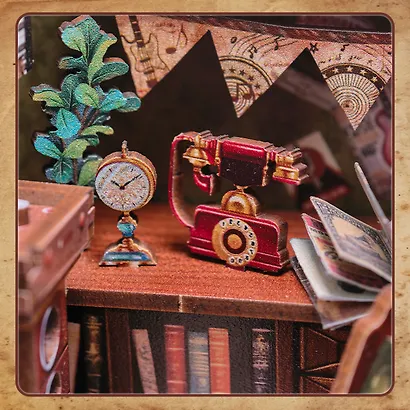 SD04 Конструктор интерьерный – сборный домик CuteBee - Музыкальный и книжный магазин "Воспоминания", 136 деталей (материалы: дерево, картон, пластик, металл), со световыми эффектами (подсветка интерьера), с питанием от 2хААА батареек (не включены), серия - фото 9