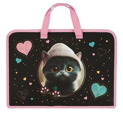 Папка для тетрадей А4 "Котенок в шапочке" 34*24,5*3,5см, пластик, молния, текст.ручки - фото 2