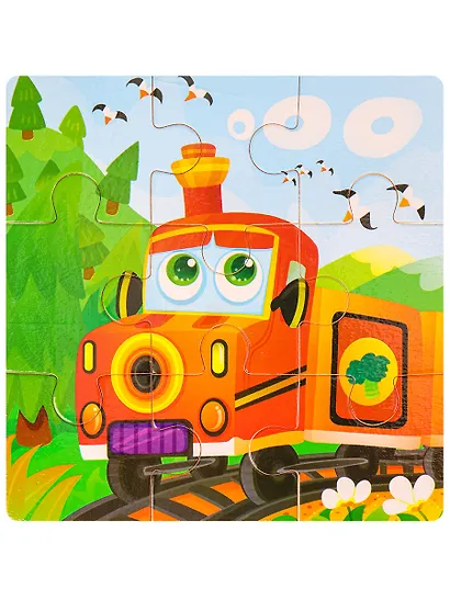 Деревянная пазл-рамка (14,5х14см) "ПАРОВОЗ" (9 элементов) (окраш.рамка) Арт.AN02637 - фото 1
