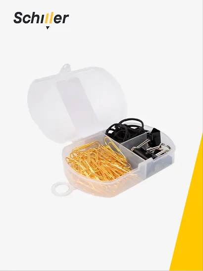 Набор канцелярский: резинки 4г 15 штук, зажимы черные 19 мм 4 штуки, скрепки золотые 33 мм 60 штук, Schiller - фото 2