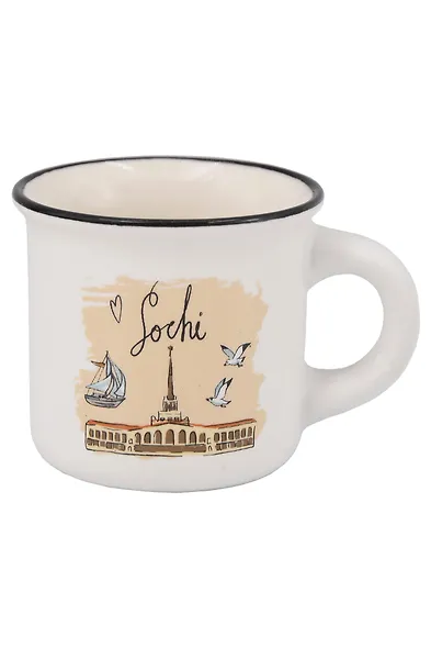 Кружка маленькая белая Морской порт,чайки,парусник (фарфор) (75мл) (Сочи) (065-9-M-135-D1-W) - фото 1