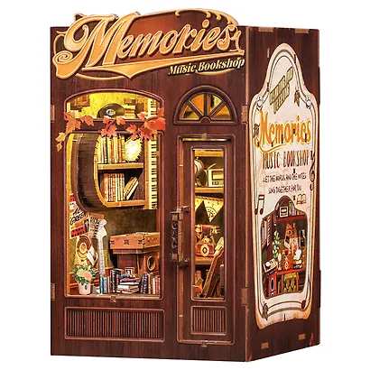 SD04 Конструктор интерьерный – сборный домик CuteBee - Музыкальный и книжный магазин "Воспоминания", 136 деталей (материалы: дерево, картон, пластик, металл), со световыми эффектами (подсветка интерьера), с питанием от 2хААА батареек (не включены), серия - фото 2