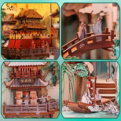 EK01 Конструктор интерьерный – сборный домик CuteBee - Жизнь Су Дунпо, 280 деталей (материалы: дерево, картон, пластик, металл), со световыми эффектами (подсветка интерьера), с питанием от 2хААА батареек (не включены), серия DIY, возраст 14+ - фото 6