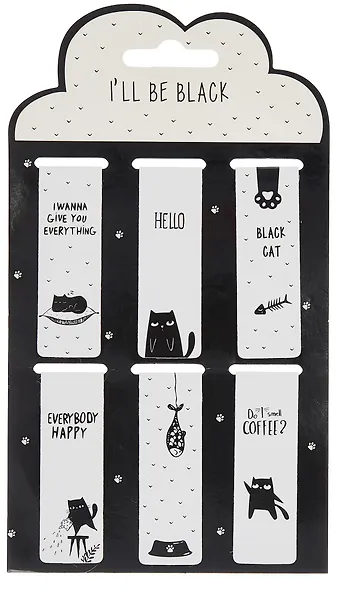 Набор магнитных закладок Котик и лапки 10 шт (Магнитные закладки Ill be black (Черный кот)+Магнитные закладки Meow (4 лапки)) - фото 1