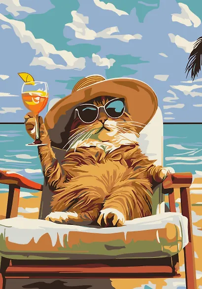 Картина-раскраска по номерам. Котик на море в шезлонге - фото 1