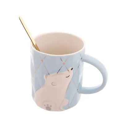 Кружка с крышкой и ложкой Белый медведь с закрытыми глазками (керамика) (420мл) (12-06641-758) - фото 6