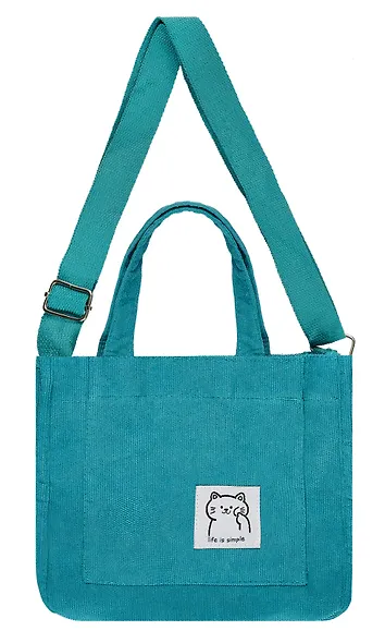 Сумка мини-шоппер с кнопкой кросс-боди бирюзовая (вельвет) (25х23) - фото 3