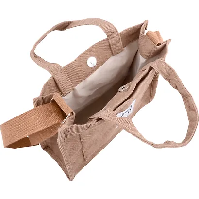 Сумка мини-шоппер с кнопкой кросс-боди бежевая (вельвет) (25х23) - фото 3