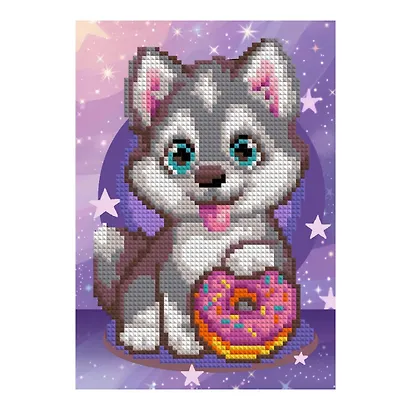 Алмазная мозаика 15*20 детская (неполное заполнение) "Хаски с пончиком" - фото 1