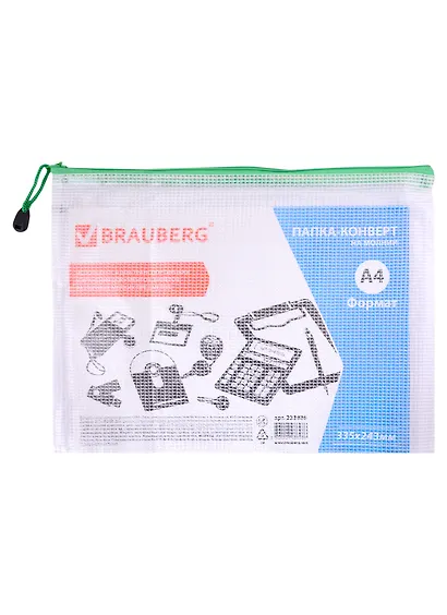 Папка-конверт на молнии А4+ "Segment" молния ассорти, ПВХ, сетка, прозрач, 0,2мм, BRAUBERG - фото 1