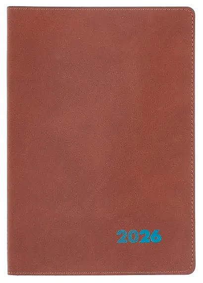 Еженедельник дат. 2026г. А5+ 80л "Нубук" коричневый, кожзам, мягк. переплет, тисн. фольгой, офсет, справ.мат-лы, закругл.углы, 2 ляссе, инд.уп - фото 1