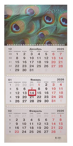 Календарь квартальный 2026г 305*680 "Перья" настенный, трёхблочный, спираль - фото 1