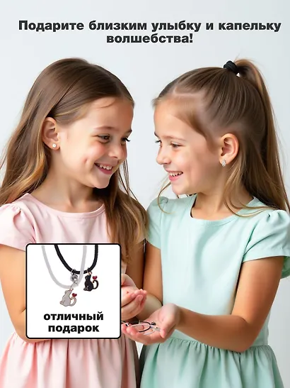 Набор парных браслетов и кулонов Котики (Набор парных браслетов с подвеской Котики+Набор парных кулонов Котики с сердечком) (текстиль, металл) - фото 3